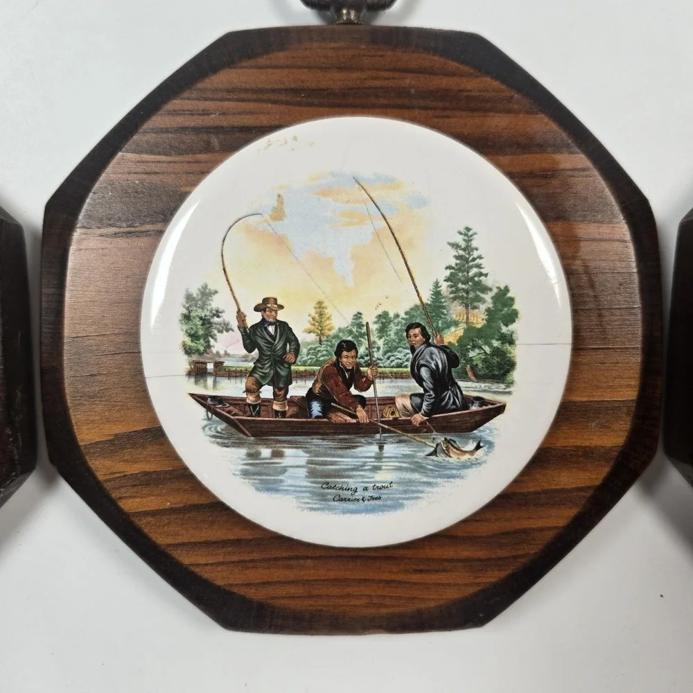 VTG Decorative Porcelain Mini Plates Mounted Wooden Wall Plaques Mid Century